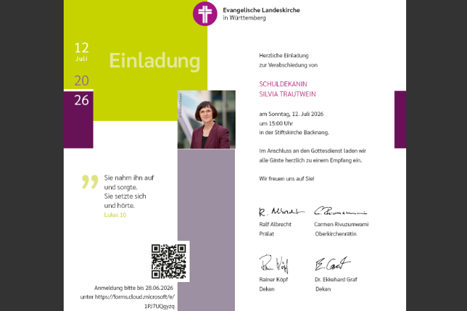 Herzliche Einladung zur Verabschiedung von Schuldekanin Silvia Trautwein in den Ruhestand am 12. Juli 2026 um 15 Uhr in der Backnanger Stiftskirche.